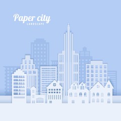Fototapeta premium Krajobraz miasta w stylu cięcia papieru. Białe biurowce i budynki mieszkalne dla broszur ekologii miasta, ochrony środowiska, reklamy wynajmu mieszkań. Panorama architektury karty wektor.