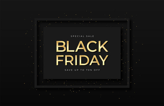 Black Friday sale banner. Shiny golden text in frame with glitter and confetti. Luxury dark background. Black Friday advertising, special offer and sale. Banner and poster, brochure and flyer design
