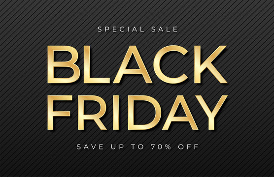 Black Friday sale banner. Shiny golden text on dark and luxury background. Black Friday promotion and advertising, special offer and sale. Banner and poster, brochure and flyer design concept