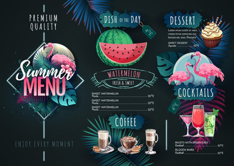 Summer menu design with flamingo and tropic leaves. Restaurant menu © annbozhko