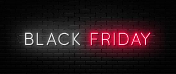 Black Friday sale. Black Friday neon sign on brick wall background. Glowing white and red neon text for advertising and promotion. Banner and background, brochure and flyer design concept