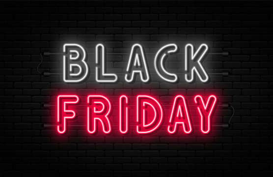 Black Friday sale. Black Friday neon sign on brick wall background. Glowing white and red neon text for advertising and promotion. Banner and background, brochure and flyer design concept