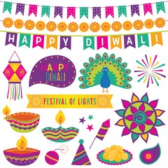 Diwali Festival of Lights, design elements and decoration, vector set