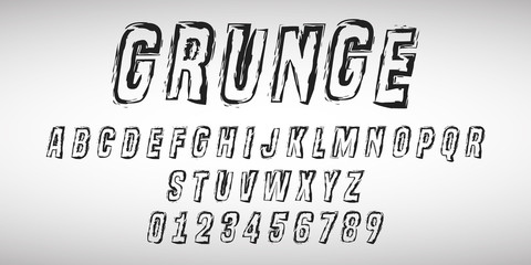 Alphabet letters and numbers of grunge design. Distressed line font template. Vector illustration © bobnevv