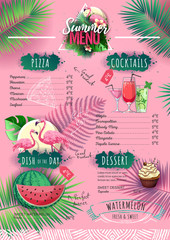 Summer menu design with flamingo and tropic leaves. Restaurant menu