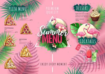 Summer menu design with flamingo and tropic leaves. Restaurant menu