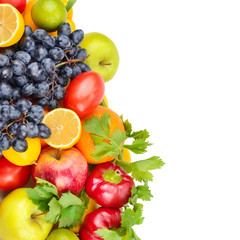 Fruits and vegetables isolated on a white background. Free space for text.