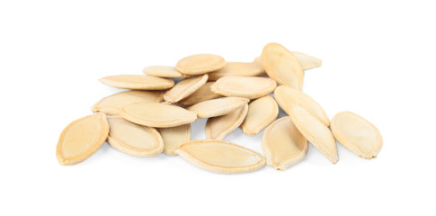 Pile of raw pumpkin seeds on white background