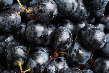 Fresh ripe juicy black grapes as background, closeup view