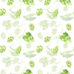 Watercolor seamless pattern with hops on white background. Hand drawn botanical illustration. Perfect for beer pack, branding design, wrapping paper, logo