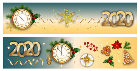 New Year and Christmas banners. Decorations elements holly berries, clock, poinsettia, snowflakes, cookies, gift box and Christmas tree decorations. Xmas background, border. Vector
