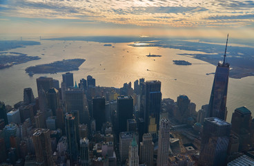 Aerial of downtown manhattan financial district and the upper new york bay looking south