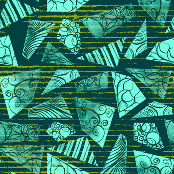 Hand-painted mint doodle watercolor polygon shapes on emerald grungy stripes in a seamless pattern design