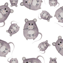 Gray rat on a white background. Watercolor illustration. Seamless pattern.