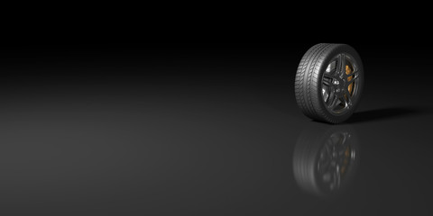 black wheels on a black background, 3d illustration