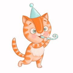 A cheerful and cute ginger tabby cat in a birthday hat
