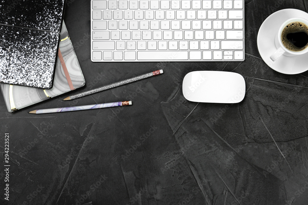 Fototapete flat lay composition with computer keyboard and notebooks on grey background, space for text. graphi