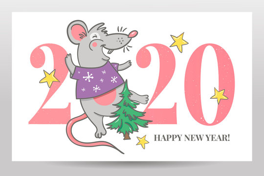 Template image Happy new year party with rat, white background new year 2020. Funny sketch mouse Vector illustration.