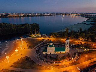 Night Voronezh, aerial view. Admiralteiskaya square, Assumption Admiralty Church and monument of first Russian Linear ship Goto Predestination.