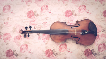 Closeup Shot of A Violin on Flowers Background for Background, Backdrop or Wallpaper. © JoeJirang