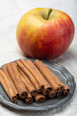 Winter pastry food ingredient, dried aromatic cinnamon sticks and apple on tin plate