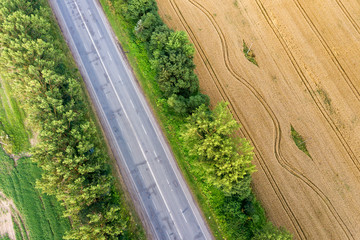 Aerial view of a road between yellow wheat fields and green trees.