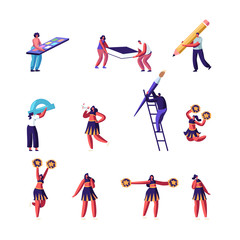 Fototapeta na wymiar Education and Cheerleading Concept Set. Characters Holding Huge Stationery Accessories for School.Cheerleaders Team in Uniform Dance on Sports Event or Competition. Cartoon Flat Vector Illustration