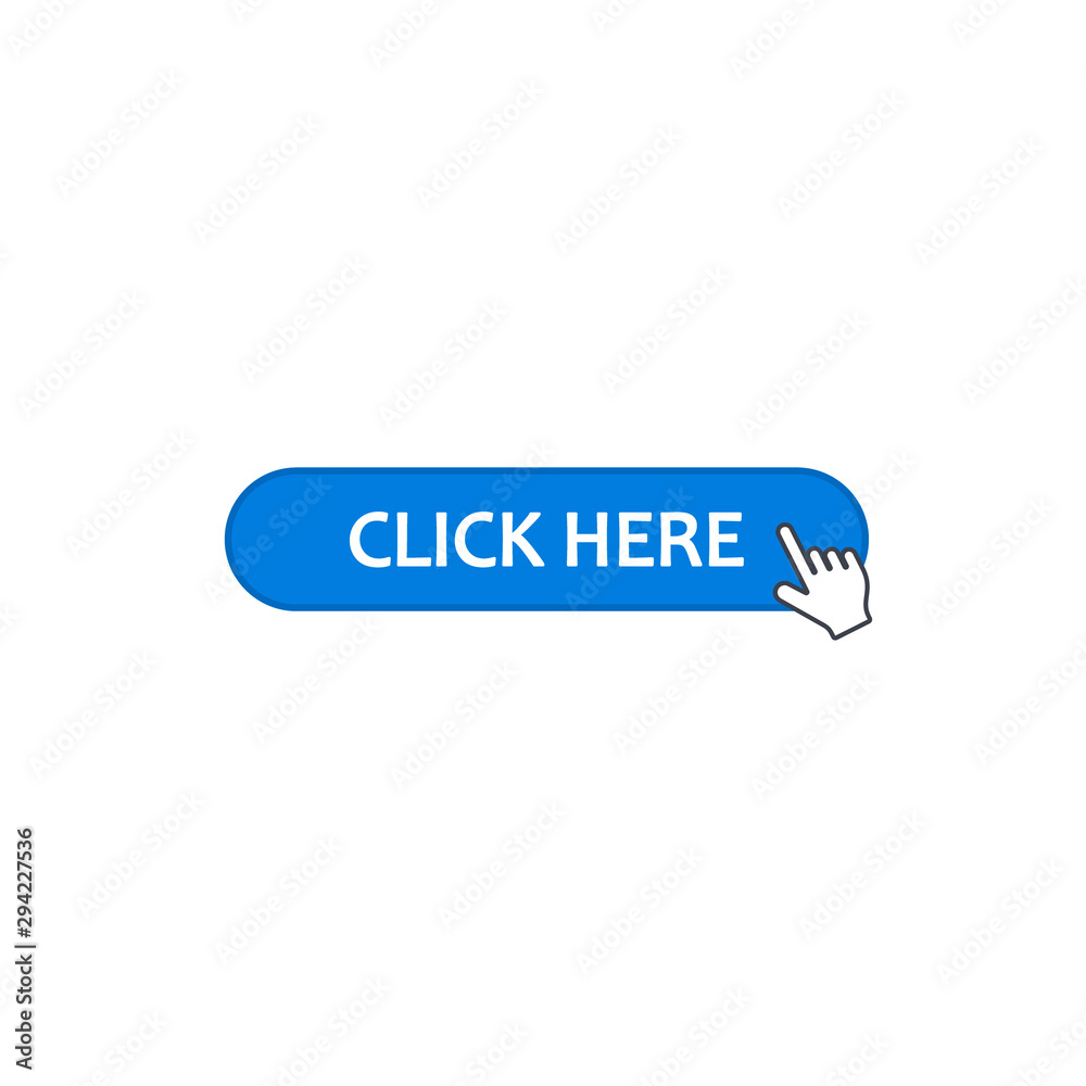 Poster click here web button with cursor, vector icon isolated on white