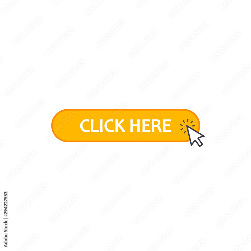 Poster click here web button with arrow cursor, vector icon isolated on white