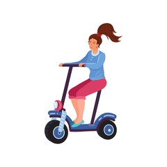 Fototapeta na wymiar Woman riding an electric two-wheeled scooter with a seat. Vector illustration in a flat cartoon style.