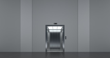 Passenger elevator with open doors, at empty business center interior. 3D render