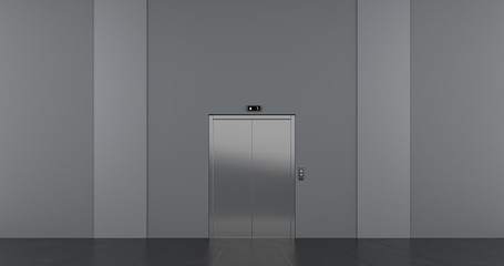Passenger elevator with closed doors, at public space interior. 3D render