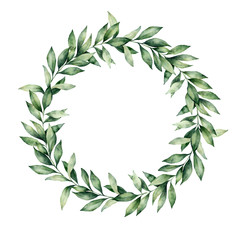 Watercolor winter wreath with eucalyptus branch. Hand painted green eucalyptus leaves composition isolated on white background. Holiday floral illustration for design, print or background. © yuliya_derbisheva