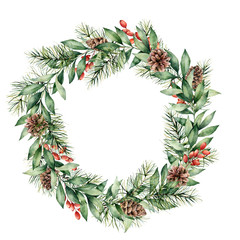 Watercolor Christmas wreath with berries, pine cones and tree branches. Hand painted fir border with eucalyptus leaves isolated on white background. Floral illustration for design, print, background. © yuliya_derbisheva