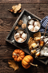 hot chocolate or cocoa drink and marshmallows in mugs and other sweets served on rustic wooden table