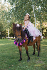 Little girl in a beautiful dress of pink color in the park with a brown pony.