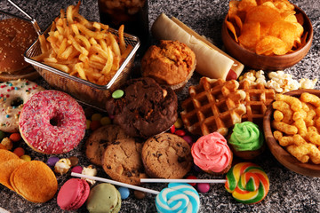 Unhealthy products. food bad for figure, skin, heart and teeth.