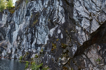 Water landscape of a mountain park.The picturesque landscape of the mountain natural park Ruskeala. Visible are rocks, a lake, coniferous forest, mountains, wildlife. Russia, Karelia