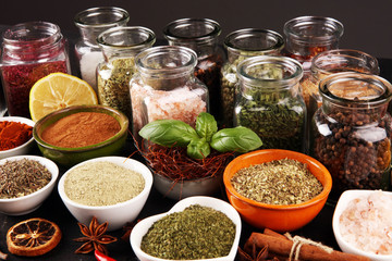 Spices and herbs on table. Food and cuisine ingredients with pepper