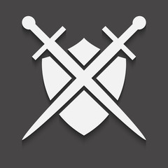 Shield and sword icon on a black background with shadow.