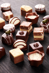 a lot of variety chocolate pralines, belgian confectionery gourmet chocolate.