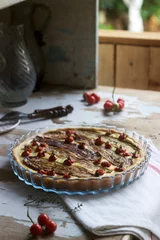 Foto op Plexiglas Pie stuffed with vegetables, cottage cheese and cream on a wooden background. Rustic style. © Janna