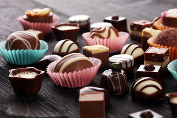 a lot of variety chocolate pralines, belgian confectionery gourmet chocolate.