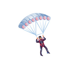 Skydiver in the dark blue suit flying with the blue parachute. Vector illustration in a flat cartoon style.