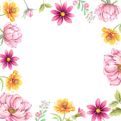frame with yellow and pink flowers. watercolor illustration on a white background