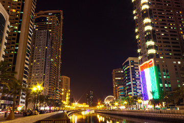 Qasba canal at night, Sharjah, United Arab Emirates