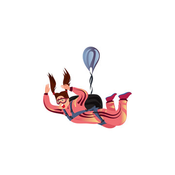 Scared parachuting girl falling with a blue parachute and screaming. Vector illustration in a flat cartoon style.