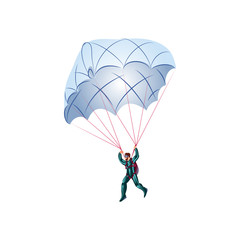 Skydiver in the green suit flying with the blue parachute. Vector illustration in a flat cartoon style.