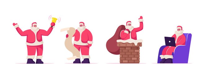Set of Santa Claus Festive Activities. Fantasy Character Holding Gifts Bag Stick Out of Chimney, Ringing Bell, Reading Letter and Work on Laptop. Festive Xmas Season Cartoon Flat Vector Illustration