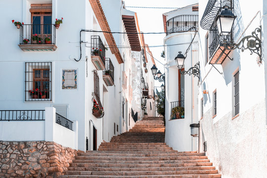 Street of a snow-white southern town on the hills, Altea, Spain, Apr.2019
